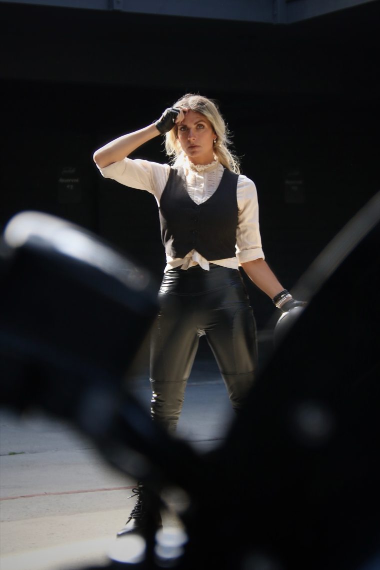 Aly mid-motion in leather, Laguna