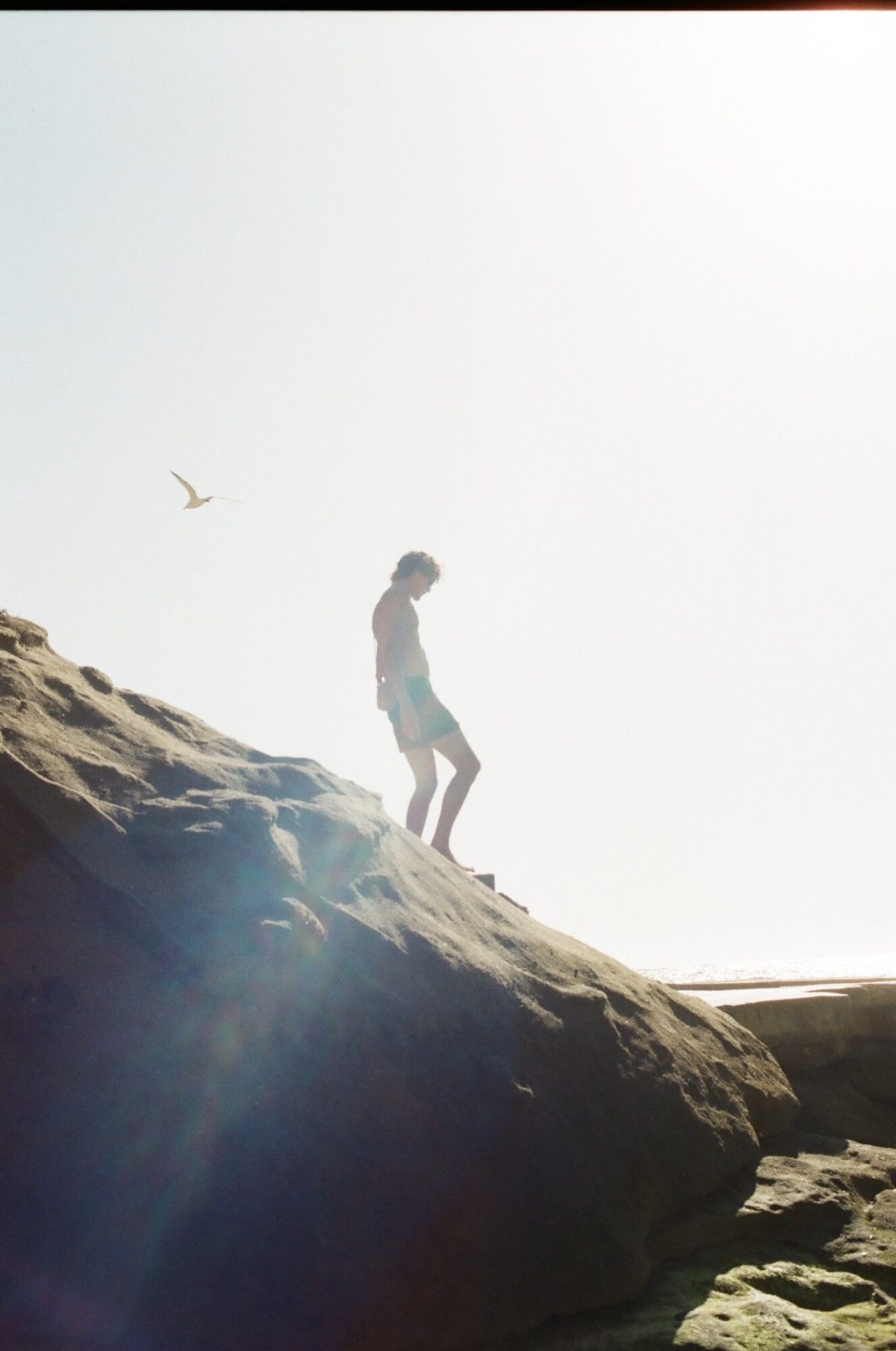 Silhouette of a figure on coastal rocks in bright sun